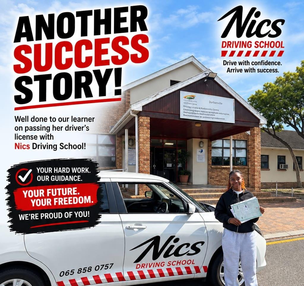 Nics Driving School student celebrating passing her driver's licence outside Durbanville Driving Licence Centre
