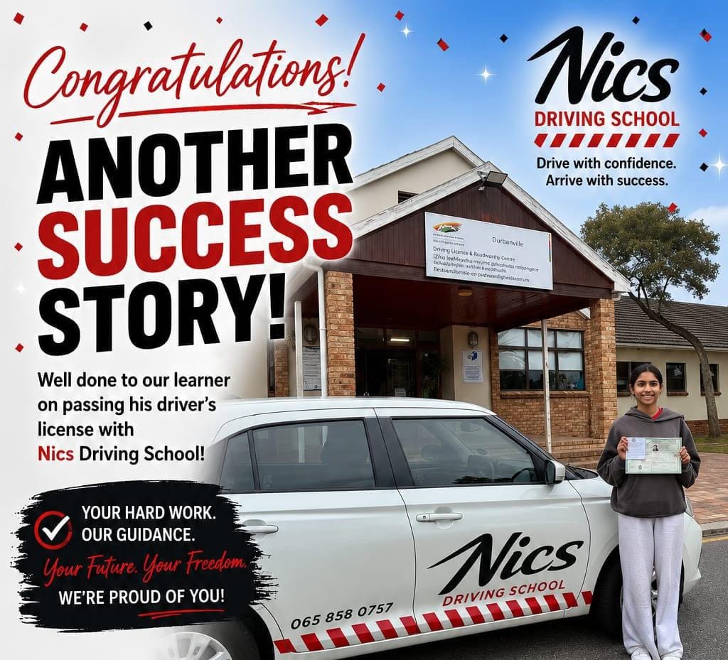 Nics Driving School student celebrating passing her driver's licence outside Durbanville Driving Licence Centre